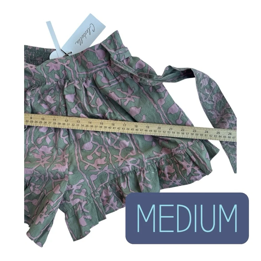 Cleobella SHORTS handmade process ruffle elastic belted Green Pink Floral S /‎ M